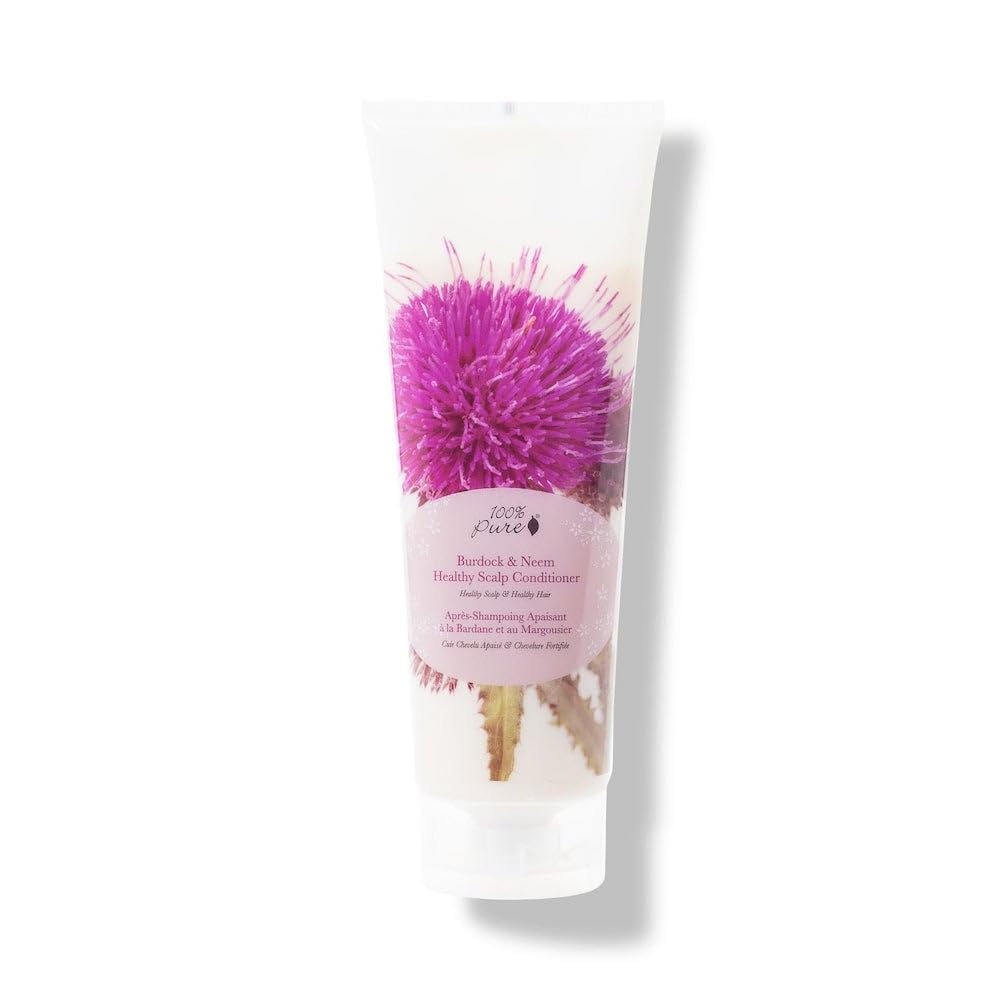 Bouteille 100% PURE Bardane et Neem, purifiant et hydratant le cuir chevelu et les cheveux.