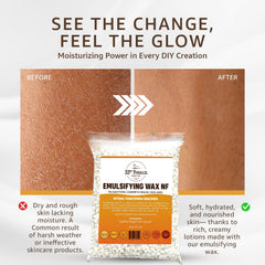 Pastilles émulsifiant wax NF pour soin peau, texture veloutée et absorbante.