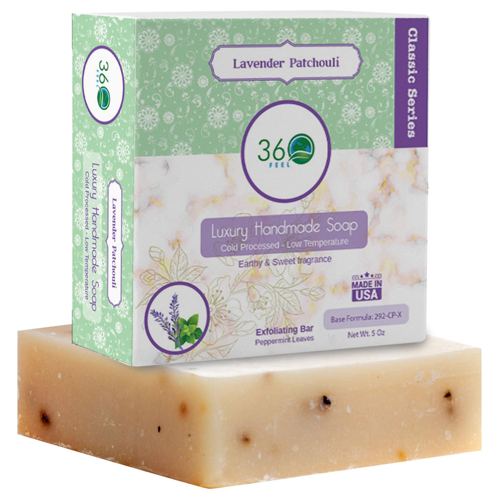 Savon 360Feel Lavande Patchouli, barre castille crèmeuse pour une peau hydratée et douce.