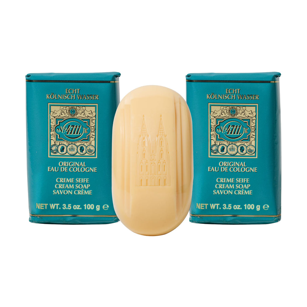 Savon crème 4711 Muelhens en boîte de 3, présentation élégante et parfum fruité.