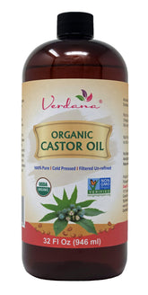 Verdana Organic Castor Oil bottle closeup highlights pure cold-pressed formula for hair care.