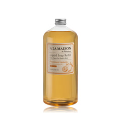 A LA MAISON Provence Lemon refill bottle shown on sink, eco-friendly hand care option.