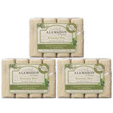 A LA MAISON Rosemary Mint Bar Soap, photo-ensemble montrant l'emballage et les barres pour usage quotidien.