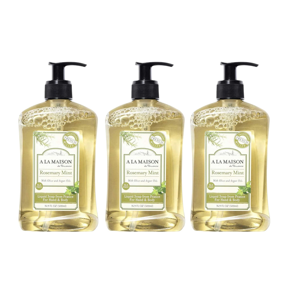 Savon liquide A LA MAISON Provence, bouteille versée, douceur pour les mains.