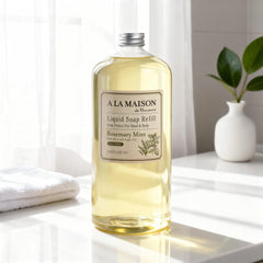 A LA MAISON - flux de versage du savon mains menthe romarin, démontrant l'usage quotidien.