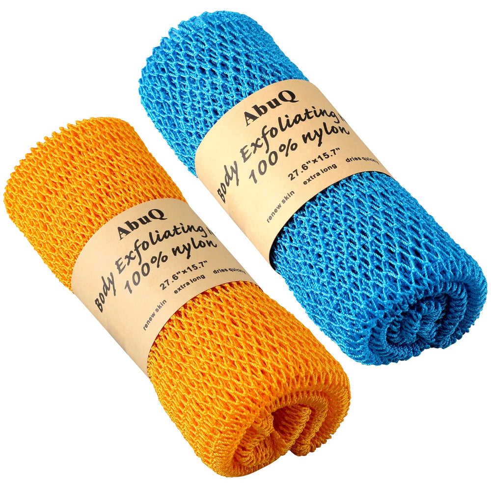 Éponge filet africain AbuQ bleu et orange pour exfolier en profondeur.