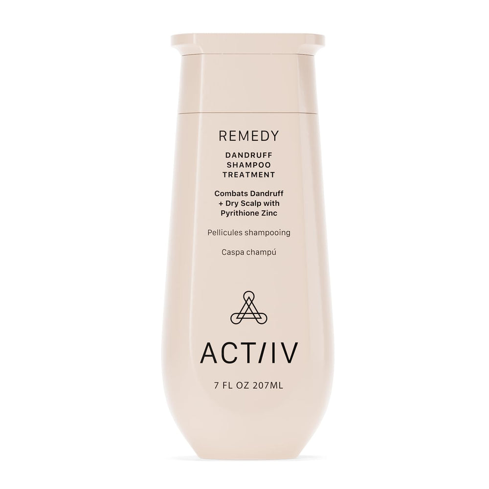 ACTIIV Remedy Shampoing — bouteille visible, cuir chevelu équilibré et cheveux frais.