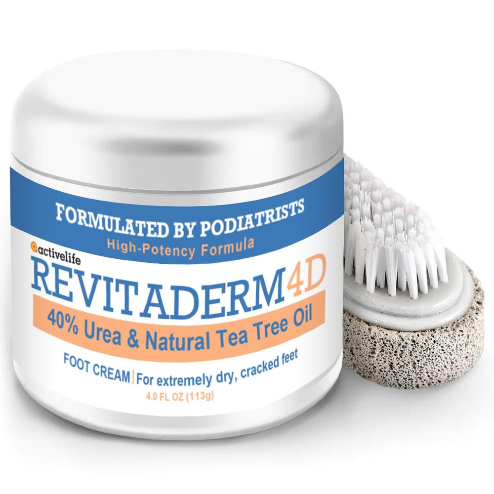 Crème Revitaderm 4D dans le pot, hydratation ciblée des pieds.