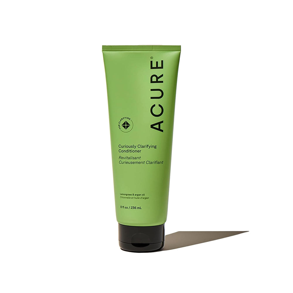 Acure Conditionneur Clarifiant, bouteille élégante, cheveux propres et revitalisés.