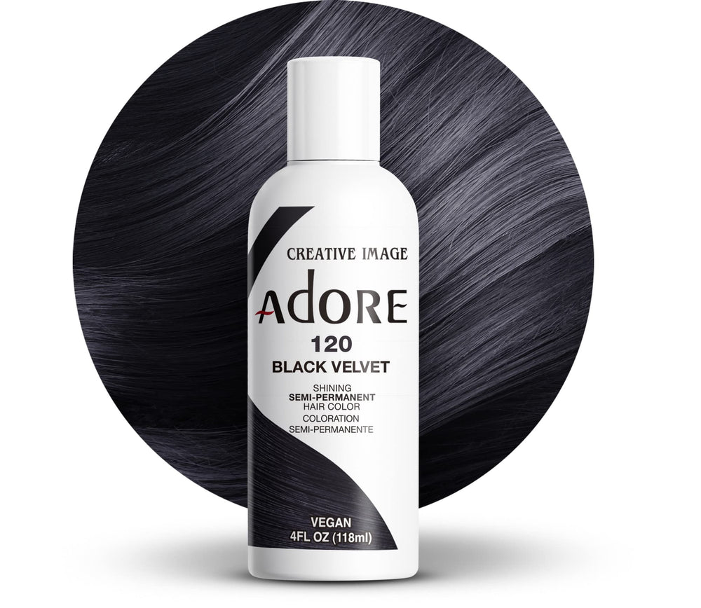Bouteille Adore Coloration Cheveux Noir Velours prête à l’emploi, couverture intense.