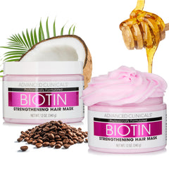Masque capillaire Biotine Advanced Clinicals sur bouteille, hydratation rapide et douceur.