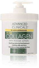 Advanced Clinicals Collagen Skin Rescue Lotion sur étagère, routine hydratante quotidienne.