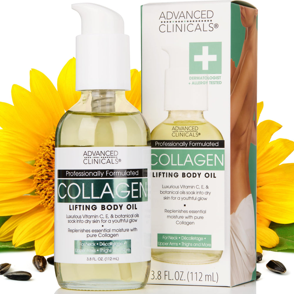 Advanced Clinicals huile-collagene-corps-bouteille-pompe, application facile et hydratante.