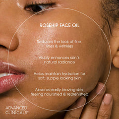 Advanced Clinicals Huile Rosehip Texture Soyeuse: texture veloutée qui s’absorbe rapidement.