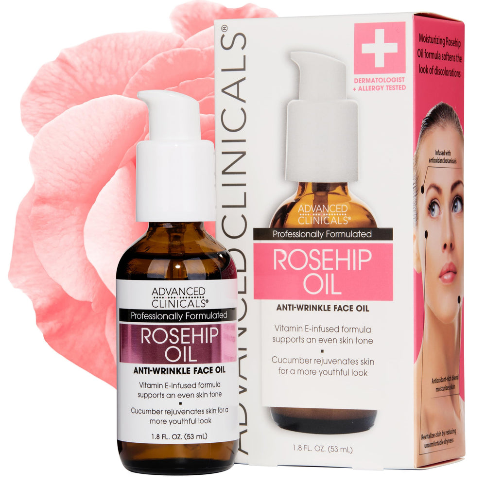Advanced Clinicals Huile Rosehip Visage Pompe: hydratation légère pour peau plus lisse.