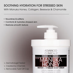 Advanced Clinicals Manuka Honey Body Cream ingrédients clés renforçant hydratation et élasticité