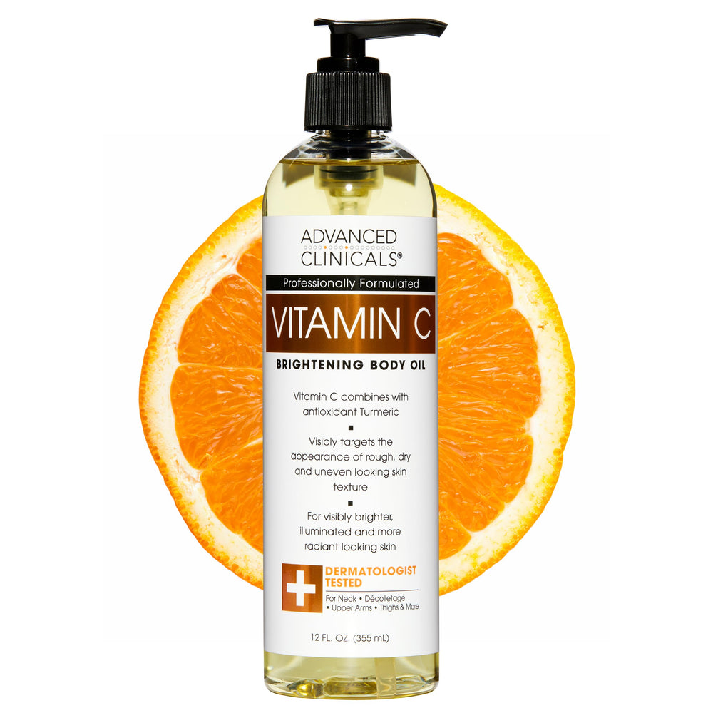 Advanced Clinicals vitamine C huile corps, flacon pour peau lumineuse et hydratée.