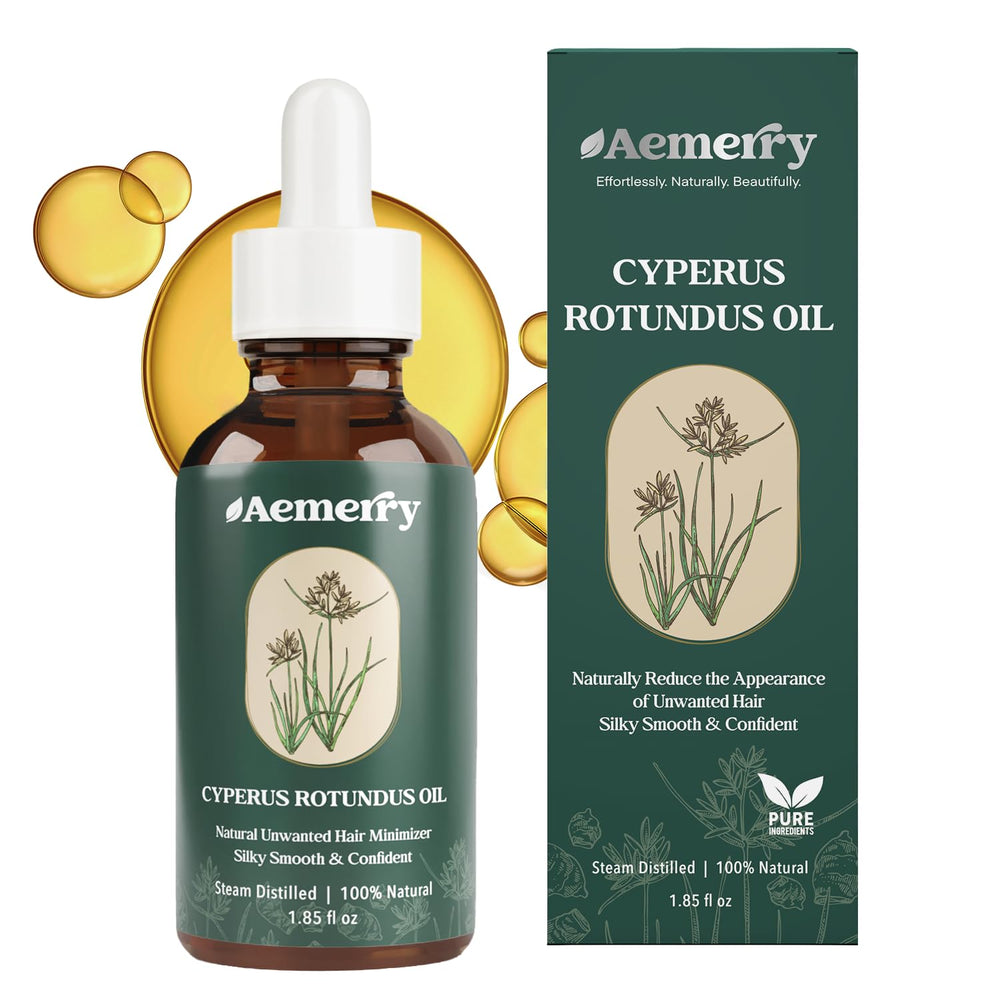 Aemerry Cyperus Rotundus Oil bottle shows a natural hair-inhibitor formula for face and body.