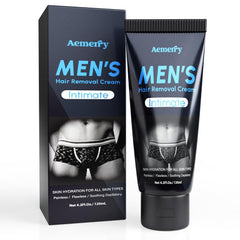 Aemerry intimate hair removal cream bottle demonstrates easy application and soothing formula.