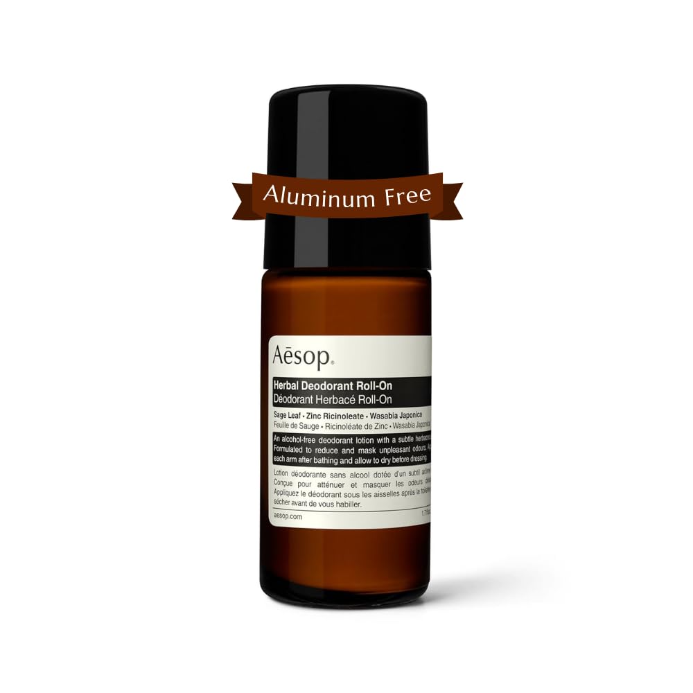 Aesop déodorant herbale roll-on, bouteille 50 ml prête pour la journée.