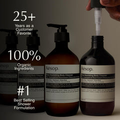 Aesop Eleos : texture crème légère qui devient une mousse délicate sur peau humide.