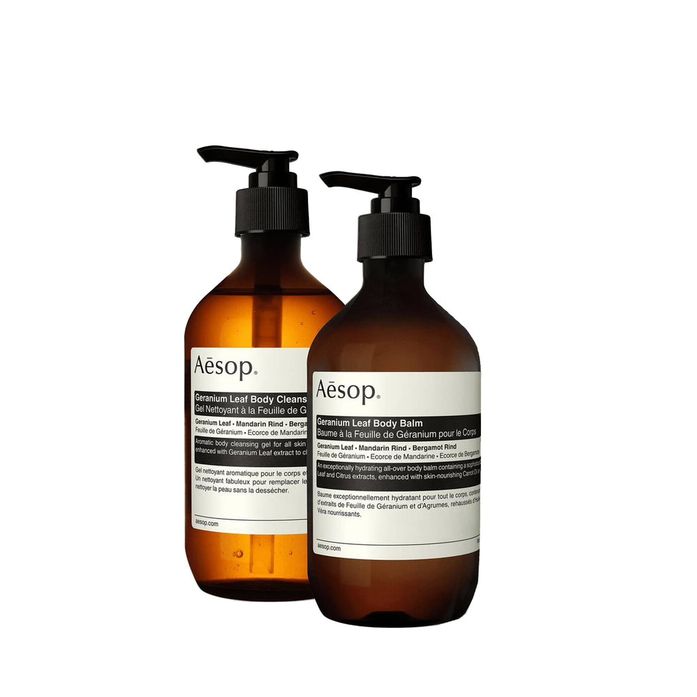 Aesop Geranium Leaf Body Cleanser, bouteille ambrée; purifie la peau en douceur.