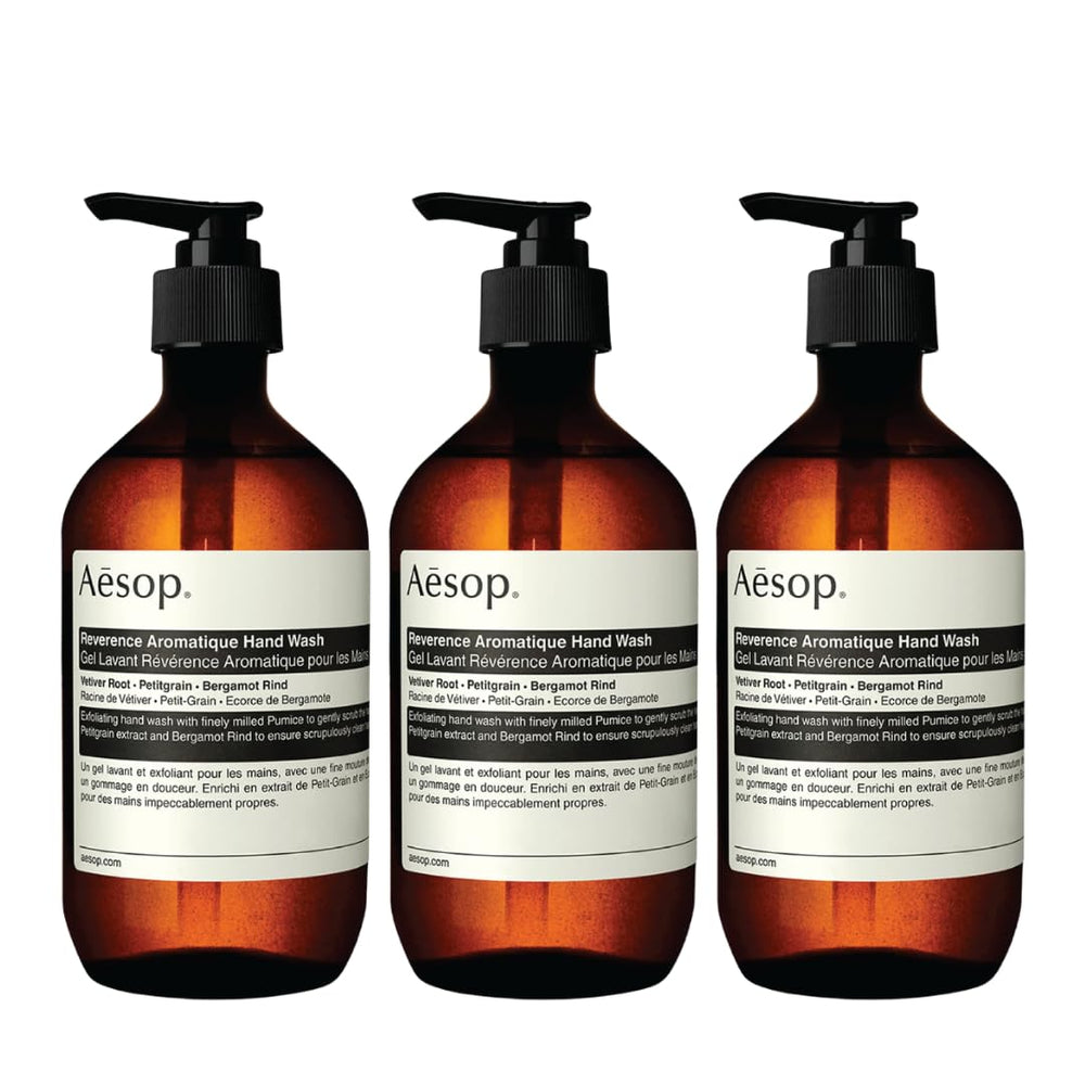 Savon pour les mains Reverence d'Aesop, bouteille-pack3, nettoyage en douceur et parfum boisé.