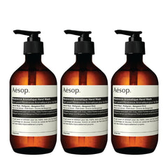Savon pour les mains Reverence d'Aesop, bouteille-pack3, nettoyage en douceur et parfum boisé.