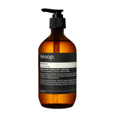 Shampoing Aesop: bouteille bergamote encens cèdre Atlas, vue produit et parfum.