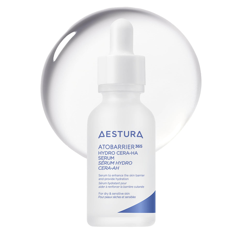 Sérum AESTURA ATOBARRIER365 en bouteille claire, hydratation ciblée.
