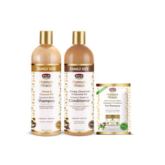 Bouteille African Pride Moisture Miracle avec miel et coco, hydratation possible pour les boucles.