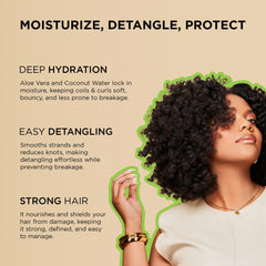 Aloe vera et eau de coco offrent hydratation et glisse pour les cheveux bouclés.