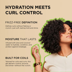 Gel hydratant à l’eau de coco et aloe vera pour boucles douces.