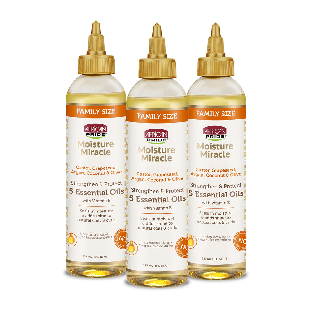 Huile capillaire African Pride Moisture Miracle – bouteille prête à hydrater les cheveux.