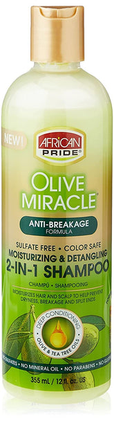 Bouteille d'African Pride Olive Miracle 2-en-1 pour des cheveux propres et brillants.