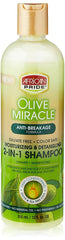 Bouteille d'African Pride Olive Miracle 2-en-1 pour des cheveux propres et brillants.