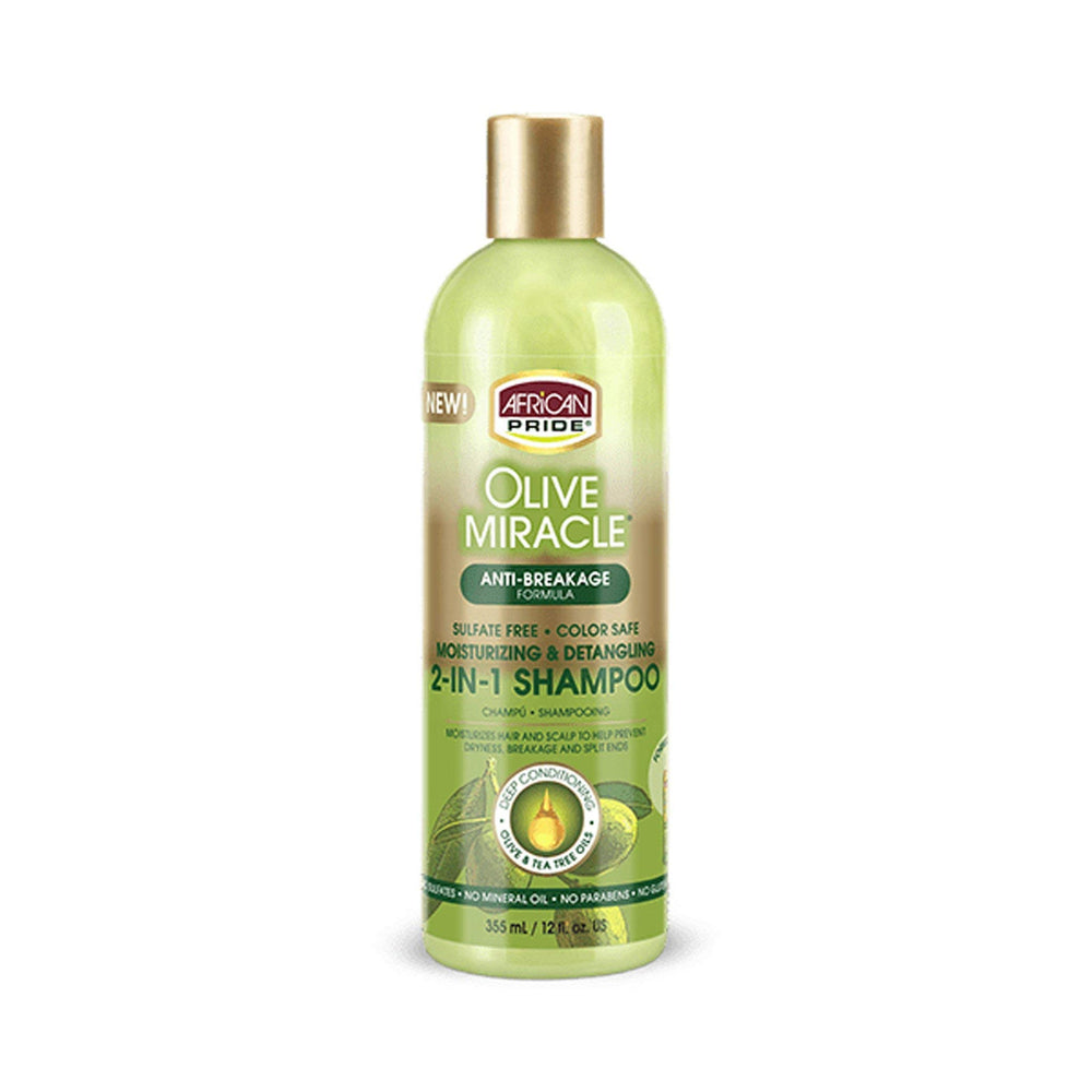 African Pride Olive Miracle Shampoing, bouteille visible, hydratation renforcée pour cheveux secs.