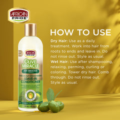 African Pride Olive Miracle Soin sans rinçage, texture légère qui démêle sans alourdir.