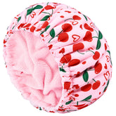 Cap-douche Aileam femme rose motif cerise, protège les cheveux et sèche rapidement après la douche.