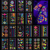 Tatouages AIRNOGO néon lumineux sous UV, parfaits pour soirées nocturnes.
