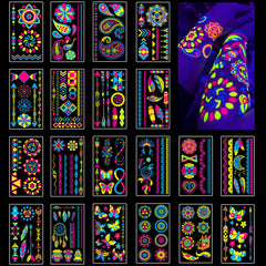 Tatouages AIRNOGO néon lumineux sous UV, parfaits pour soirées nocturnes.