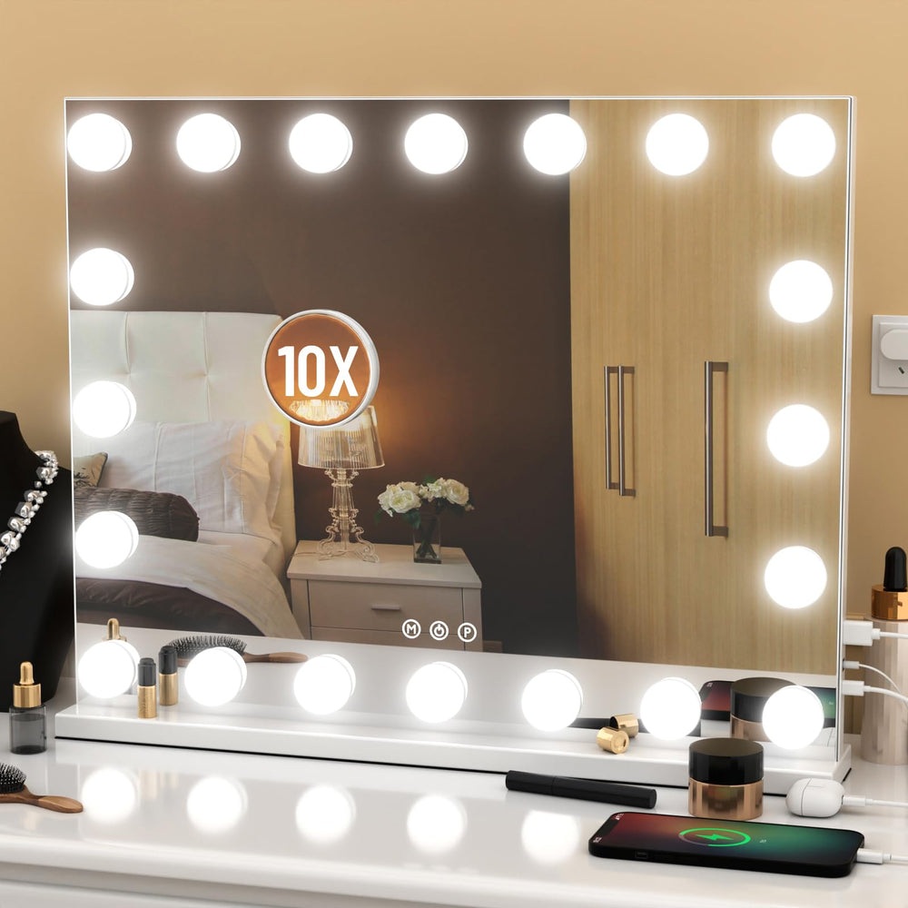 Miroir vanité AJJSSA avec lumières et cadre blanc pour maquillage élégant.