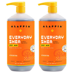 Gel douche Alaffia Everyday Shea en duo, ouverture et texture douce pour hydratation.