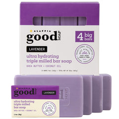 Savon Alaffia Lavande en 4 barres, hydratation douce pour la peau.