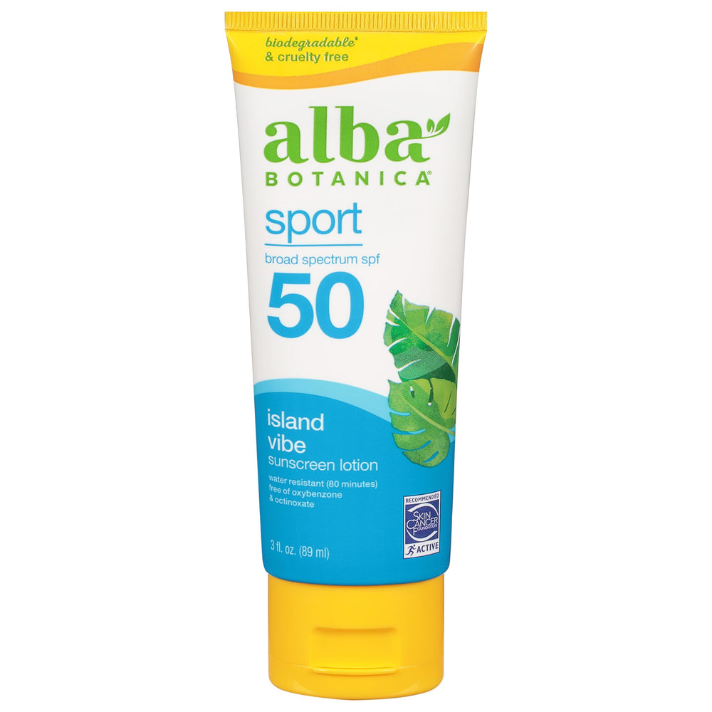 Écran solaire Alba Botanica Sport SPF50 Island Vibe, protection pratique lors d’activités en plein air.