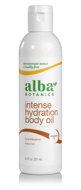 Huile corporelle Alba Botanica Hydratation Intense, bouteille prête à nourrir la peau.
