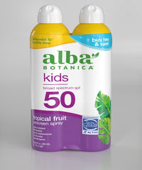 Alba Botanica Kids SPF50 spray sur visage et corps au parfum tropical.