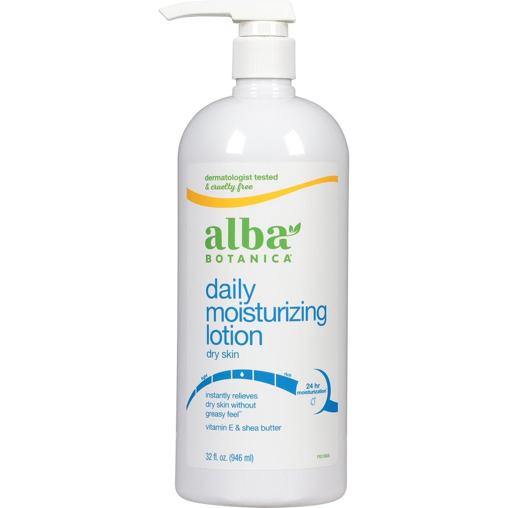 Lotion Alba Botanica Very Emollient Maximum, bouteille 32 oz, hydratation longue durée pour peau sèche.