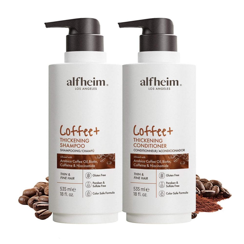 ALFHEIM Coffee+ Shampoing flacon: énergie pour cheveux fins et fragiles.