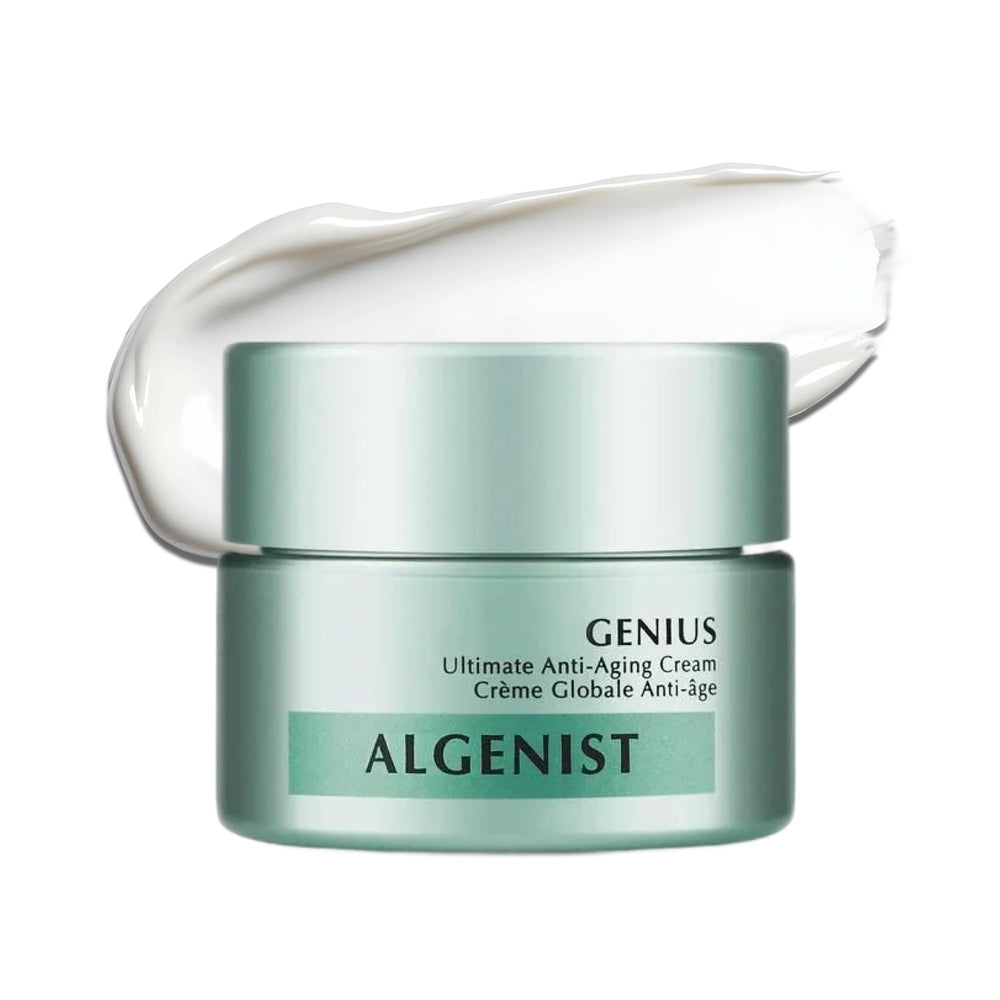 Algenist GENIUS crème visage: flacon révélant Alguronic Acid pour éclairer la peau.